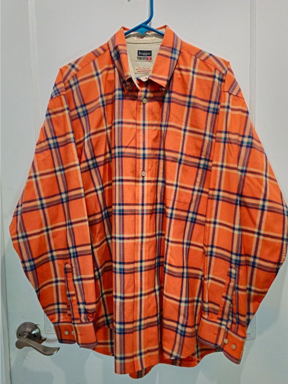 Haggar Forever New Mens L/G Orange Plaid Button-Up Shirt Fade-Resistant Wrinkle - Picture 1 of 13